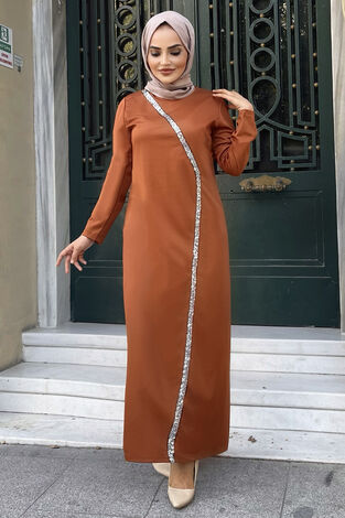 Önü Pul Payetli Tesettür Abiye Elbise 100MD-10410 Kiremit - Thumbnail