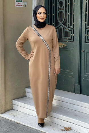Önü Pul Payetli Tesettür Abiye Elbise 100MD-10410 Latte - Thumbnail