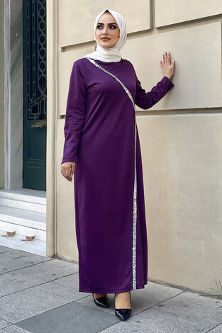 Önü Pul Payetli Tesettür Abiye Elbise 100MD-10410 Mor - Thumbnail