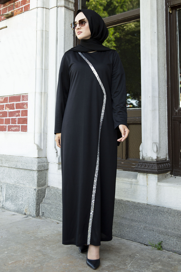 Önü Pul Payetli Abiye Elbise 100MD-10410 Siyah