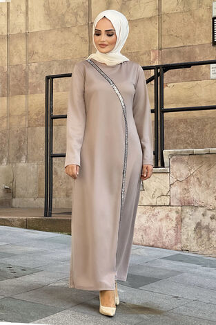 Önü Pul Payetli Tesettür Abiye Elbise 100MD-10410 Taş - Thumbnail