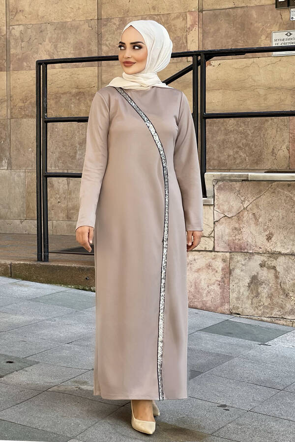 Önü Pul Payetli Tesettür Abiye Elbise 100MD-10410 Taş