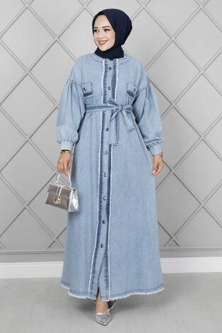 Önü Püskül Detaylı Kot Elbise Açık Mavi - Thumbnail