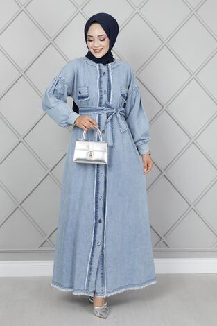 Önü Püskül Detaylı Kot Elbise Açık Mavi - Thumbnail