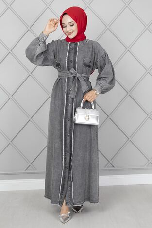 Önü Püskül Detaylı Kot Elbise Füme - Thumbnail
