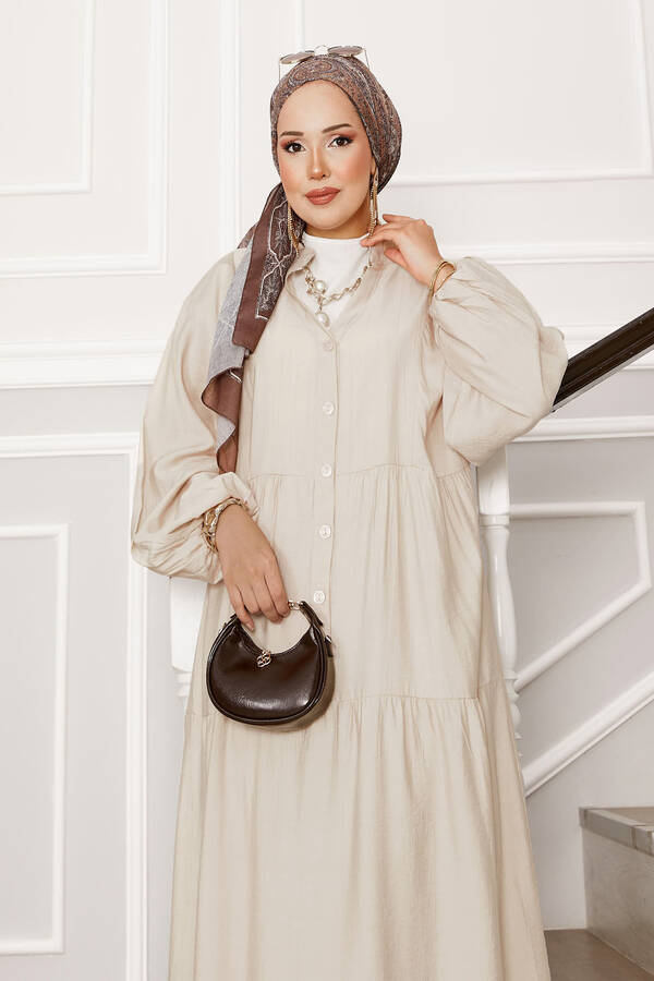 Znk - Önü Yarım Düğmeli Kat Kat Elbise Bej (1) Znk - Önü Yarım Düğmeli Kat Kat Elbise Bej (1)