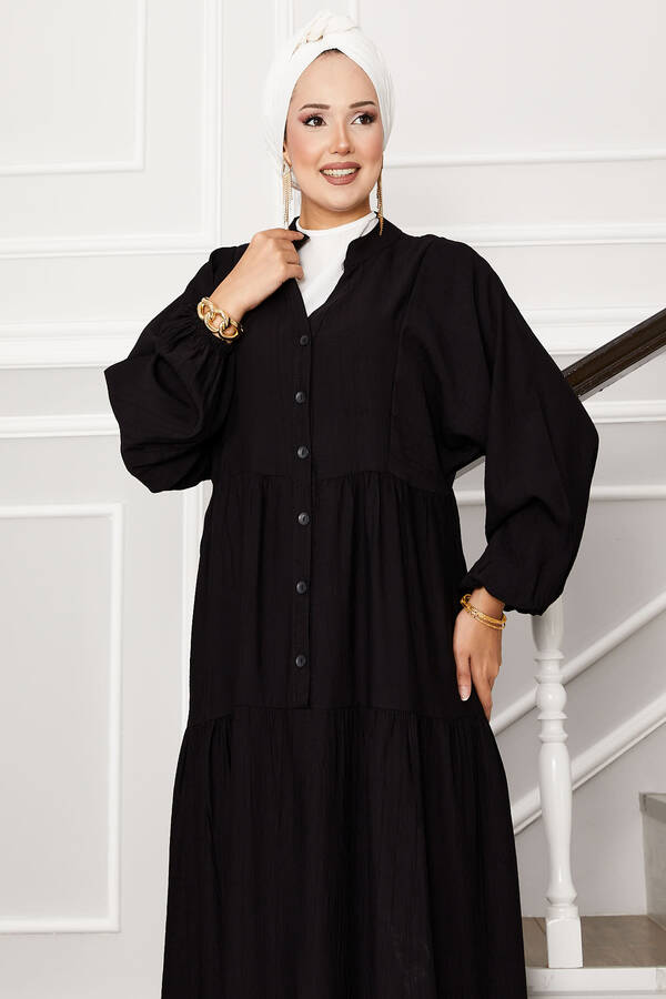 Znk - Önü Yarım Düğmeli Kat Kat Elbise Siyah (1) Znk - Önü Yarım Düğmeli Kat Kat Elbise Siyah (1)