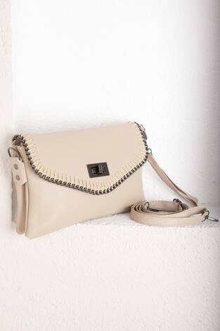 Örgü Dikiş Kapaklı El & Omuz Çantası Bej - Thumbnail