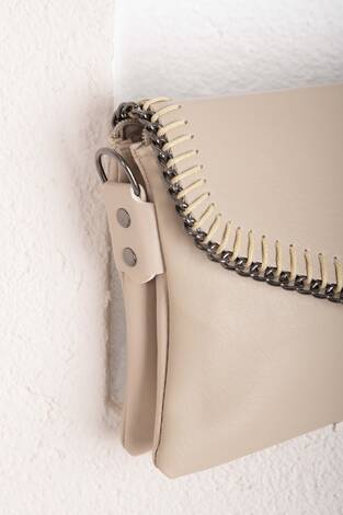 Örgü Dikiş Kapaklı El & Omuz Çantası Bej - Thumbnail