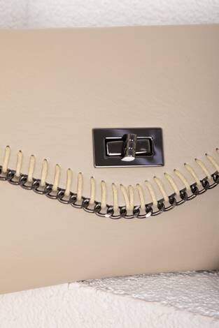 Örgü Dikiş Kapaklı El & Omuz Çantası Bej - Thumbnail