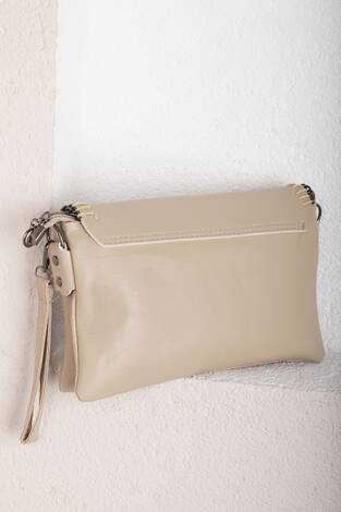 Örgü Dikiş Kapaklı El & Omuz Çantası Bej - Thumbnail