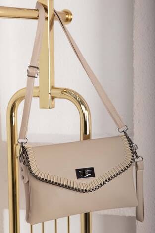 Örgü Dikiş Kapaklı El & Omuz Çantası Bej