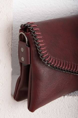 Örgü Dikiş Kapaklı El & Omuz Çantası Bordo - Thumbnail