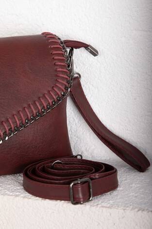 Örgü Dikiş Kapaklı El & Omuz Çantası Bordo - Thumbnail