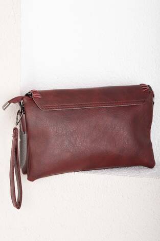 Örgü Dikiş Kapaklı El & Omuz Çantası Bordo - Thumbnail