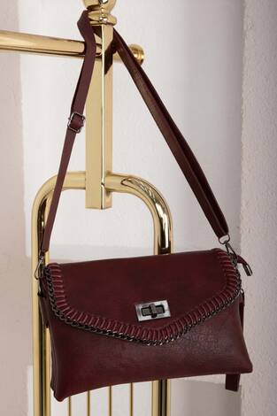 Örgü Dikiş Kapaklı El & Omuz Çantası Bordo