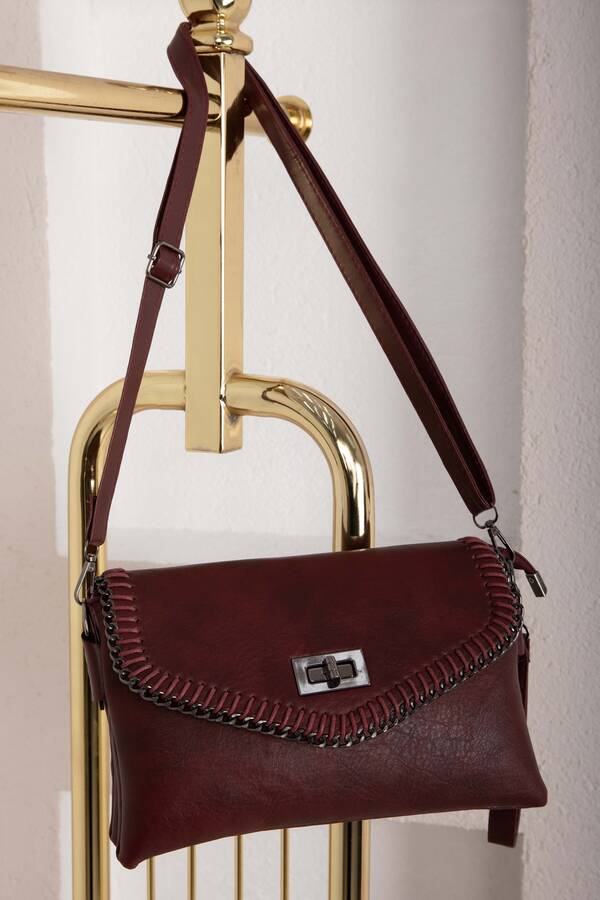 Dmç - Örgü Dikiş Kapaklı El & Omuz Çantası Bordo