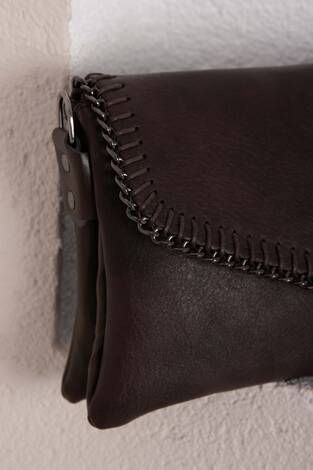 Örgü Dikiş Kapaklı El & Omuz Çantası Kahve - Thumbnail