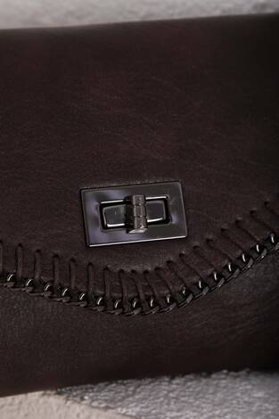 Örgü Dikiş Kapaklı El & Omuz Çantası Kahve - Thumbnail