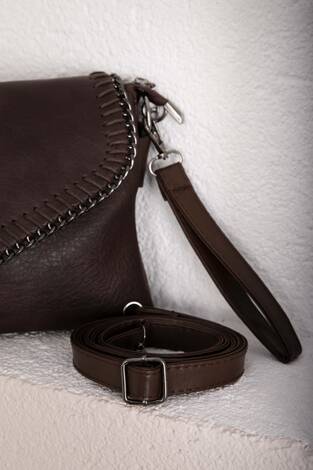 Örgü Dikiş Kapaklı El & Omuz Çantası Kahve - Thumbnail