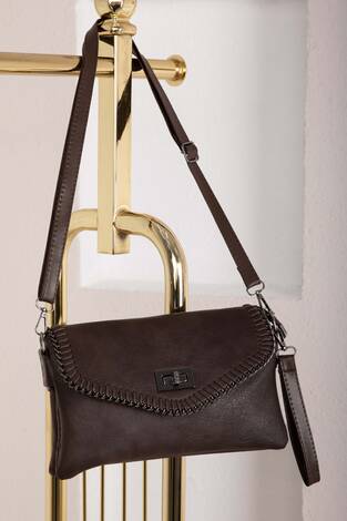 Örgü Dikiş Kapaklı El & Omuz Çantası Kahve