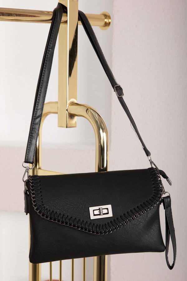 Dmç - Örgü Dikiş Kapaklı El & Omuz Çantası Siyah