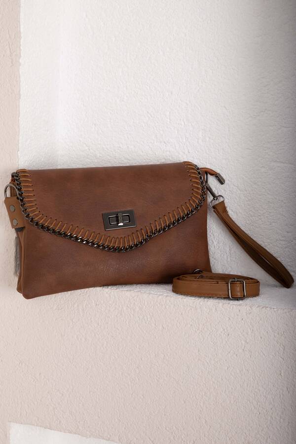 Dmç - Örgü Dikiş Kapaklı El & Omuz Çantası Taba (1)