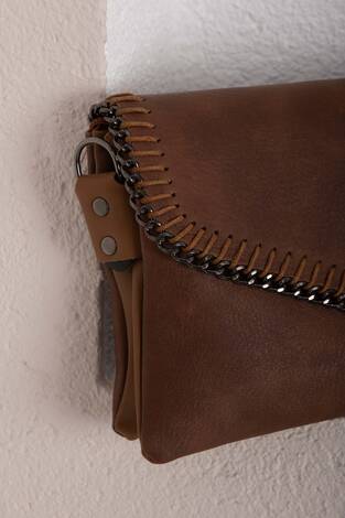 Örgü Dikiş Kapaklı El & Omuz Çantası Taba - Thumbnail