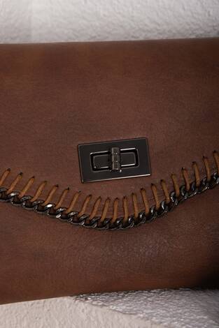 Örgü Dikiş Kapaklı El & Omuz Çantası Taba - Thumbnail