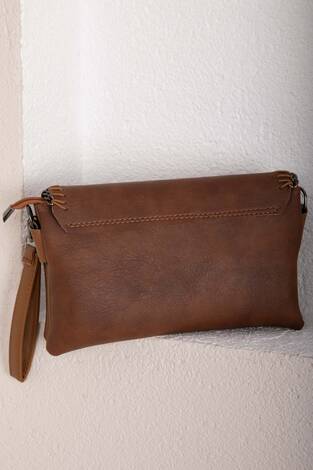 Örgü Dikiş Kapaklı El & Omuz Çantası Taba - Thumbnail