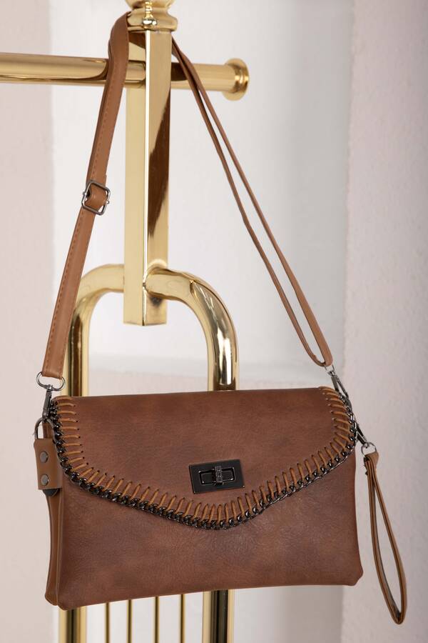 Dmç - Örgü Dikiş Kapaklı El & Omuz Çantası Taba