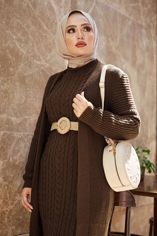 Örgülü Hırkalı Takım Kahve - Thumbnail