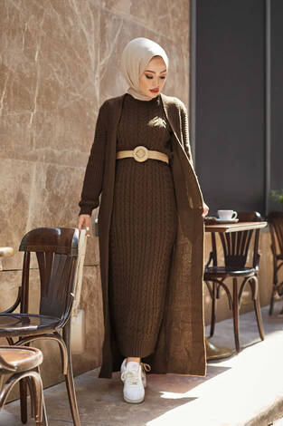 Örgülü Hırkalı Takım Kahve - Thumbnail