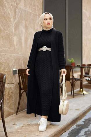 Örgülü Hırkalı Takım Siyah - Thumbnail