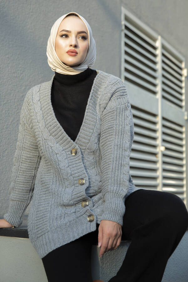 E - Örgülü Triko Hırka Gri (1)