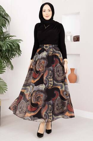 Otantik Desen Kemerli Şifon Etek Haki - Thumbnail