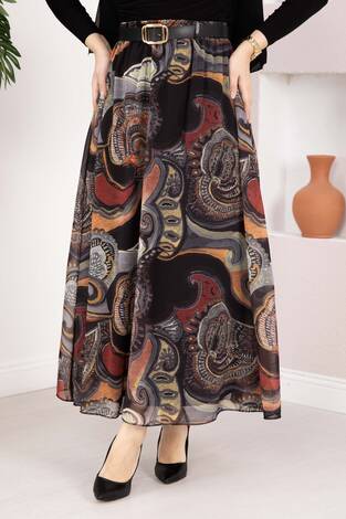 Otantik Desen Kemerli Şifon Etek Haki - Thumbnail