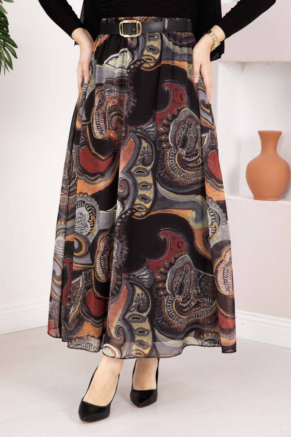 Ums - Otantik Desen Kemerli Şifon Etek Haki (1)