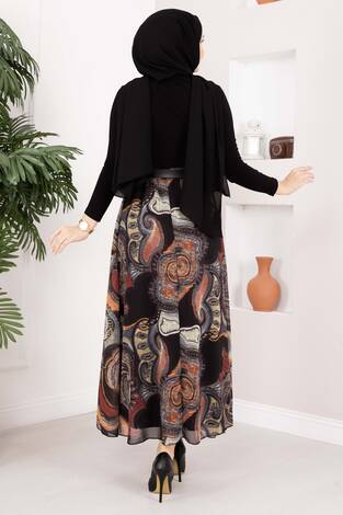 Otantik Desen Kemerli Şifon Etek Haki - Thumbnail