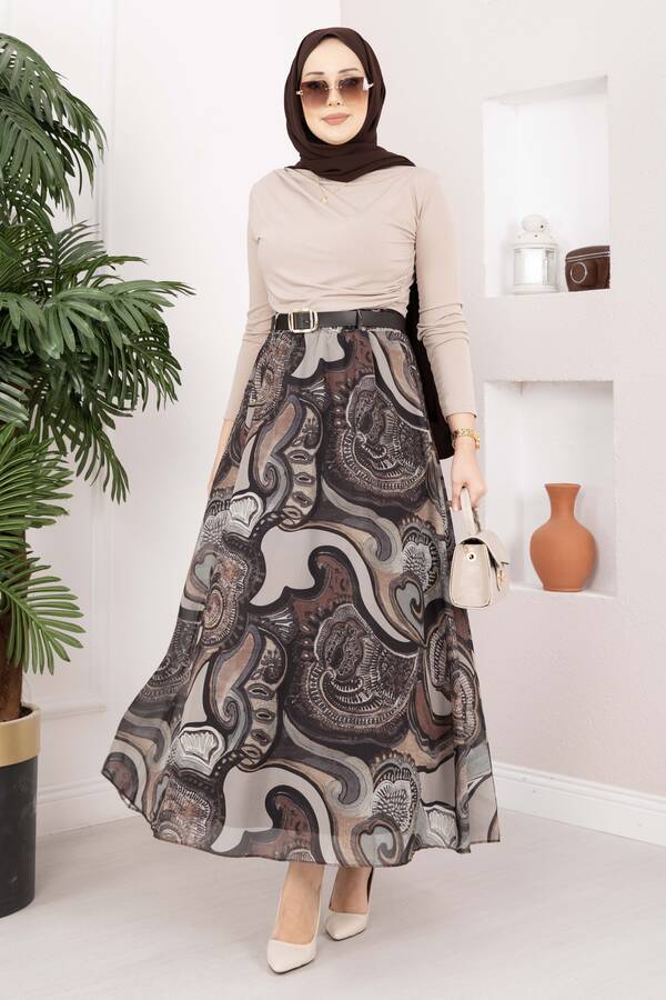 Ums - Otantik Desen Kemerli Şifon Etek Kahve