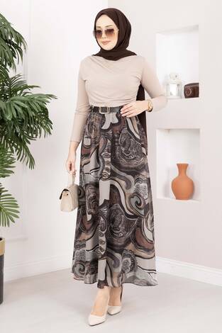 Otantik Desen Kemerli Şifon Etek Kahve - Thumbnail