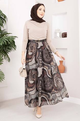 Otantik Desen Kemerli Şifon Etek Kahve - Thumbnail