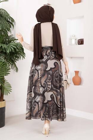 Otantik Desen Kemerli Şifon Etek Kahve - Thumbnail
