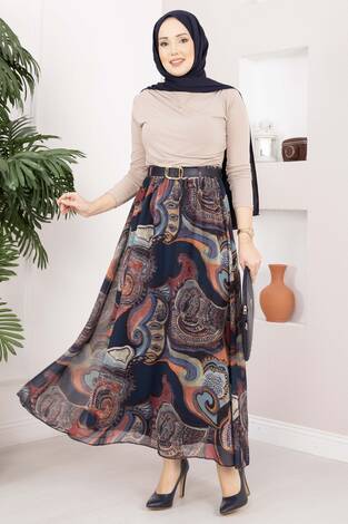 Otantik Desen Kemerli Şifon Etek Lacivert - Thumbnail