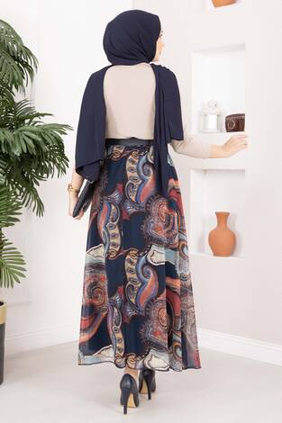 Otantik Desen Kemerli Şifon Etek Lacivert - Thumbnail