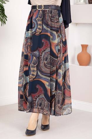 Otantik Desen Kemerli Şifon Etek Lacivert - Thumbnail
