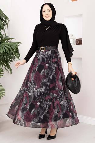Otantik Desen Kemerli Şifon Etek Siyah - Thumbnail