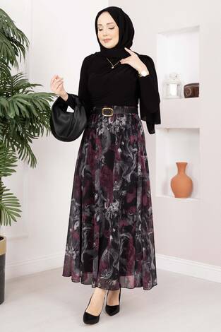 Otantik Desen Kemerli Şifon Etek Siyah - Thumbnail