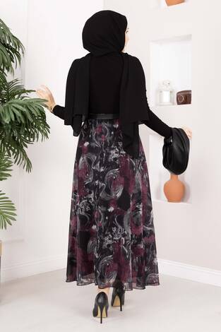 Otantik Desen Kemerli Şifon Etek Siyah - Thumbnail