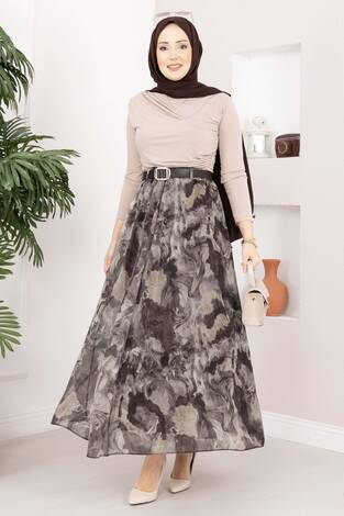 Otantik Desen Kemerli Şifon Etek Vizon